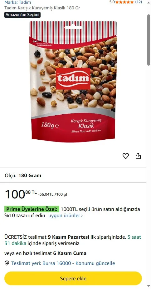 Tadım Karışık Kuruyemiş Klasik 180 Gr