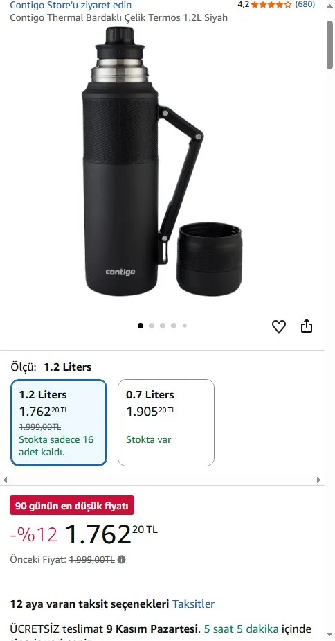Contigo Thermal Bardaklı Çelik Termos 1.2L Siyah