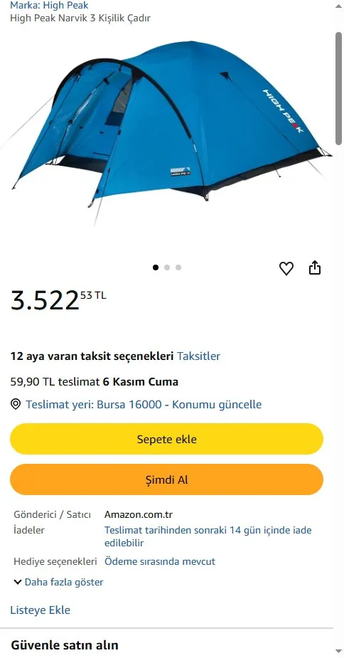 High Peak Narvik 3 Kişilik Çadır