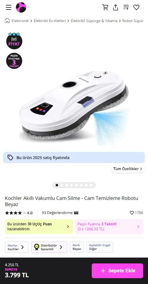 Kochler Akıllı Vakumlu Cam Silme - Cam Temizleme Robotu Beyaz