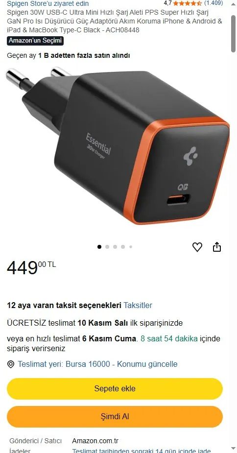 Spigen 30W USB-C Ultra Mini Hızlı Şarj Aleti PPS Super Hızlı Şarj GaN Pro Isı Düşürücü Güç Adaptörü Akım Koruma iPhone & Android & iPad & MacBook Type-C Black - ACH08448
