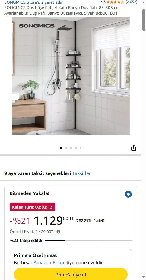 SONGMICS Duş Köşe Rafı, 4 Katlı Banyo Duş Rafı, 85-305 cm Ayarlanabilir Duş Rafı, Banyo Düzenleyici, Siyah Bcb001B01