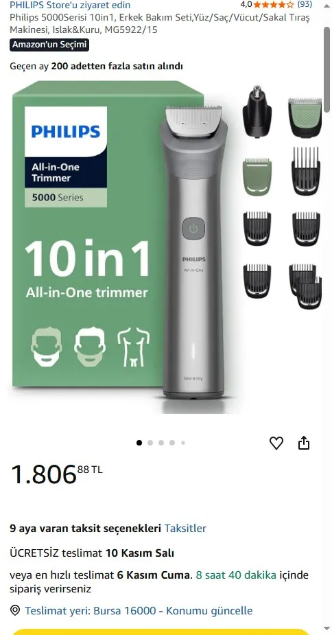 Philips 5000Serisi 10in1, Erkek Bakım Seti,Yüz/Saç/Vücut/Sakal Tıraş Makinesi, Islak&Kuru, MG5922/15