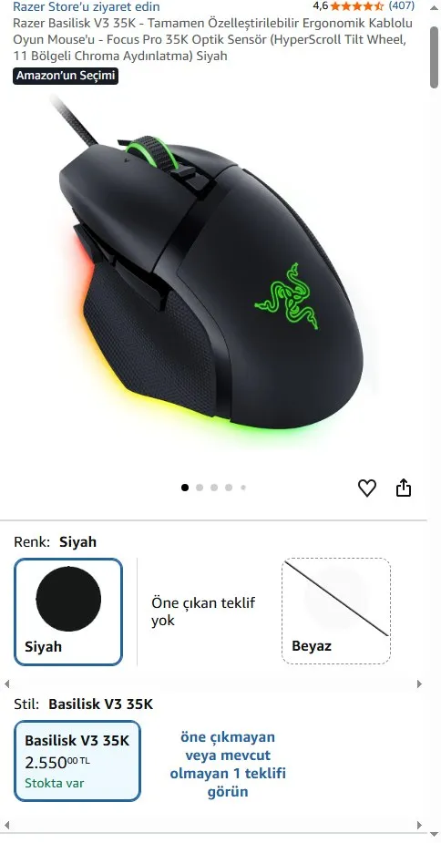 Razer Basilisk V3 35K - Tamamen Özelleştirilebilir Ergonomik Kablolu Oyun Mouse'u - Focus Pro 35K Optik Sensör (HyperScroll Tilt Wheel, 11 Bölgeli Chroma Aydınlatma) Siyah