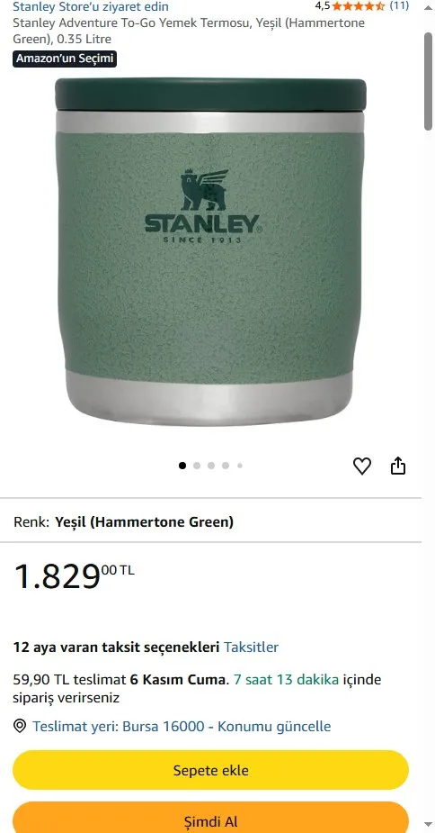 Stanley Adventure To-Go Yemek Termosu, Yeşil (Hammertone Green), 0.35 Litre