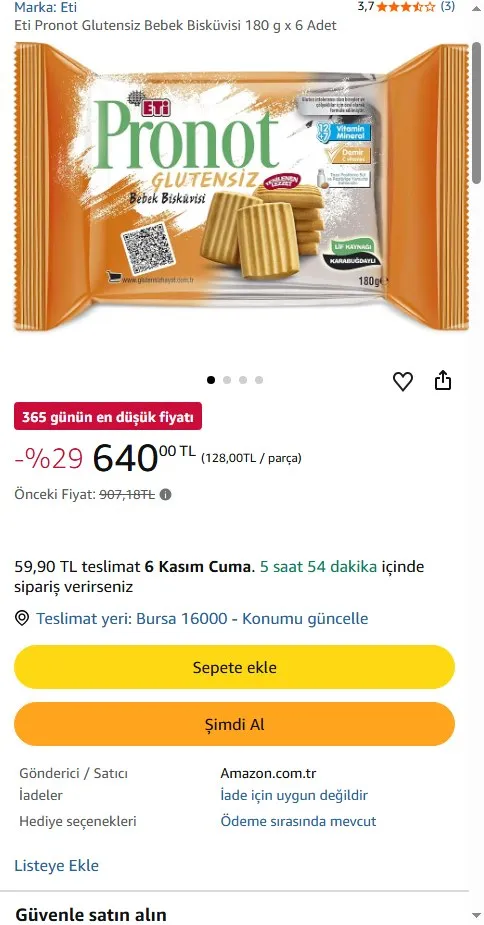 Eti Pronot Glutensiz Bebek Bisküvisi 180 g x 6 Adet