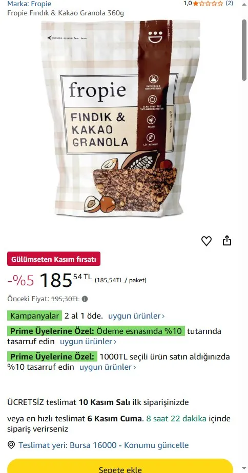 Fropie Fındık & Kakao Granola 360g