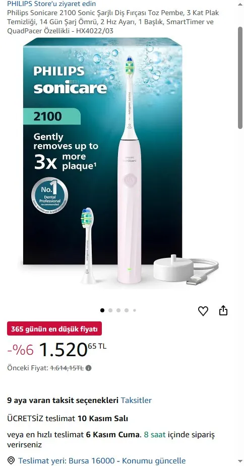 Philips Sonicare 2100 Sonic Şarjlı Diş Fırçası Toz Pembe, 3 Kat Plak Temizliği, 14 Gün Şarj Ömrü, 2 Hız Ayarı, 1 Başlık, SmartTimer ve QuadPacer Özellikli - HX4022/03