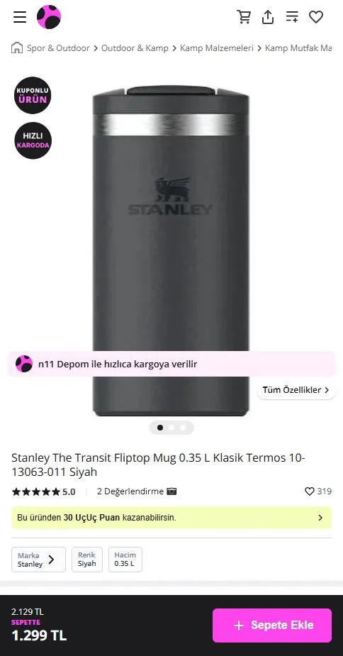 Stanley The Transit Fliptop Mug 0.35 L Klasik Termos 10-13063-011 Siyah