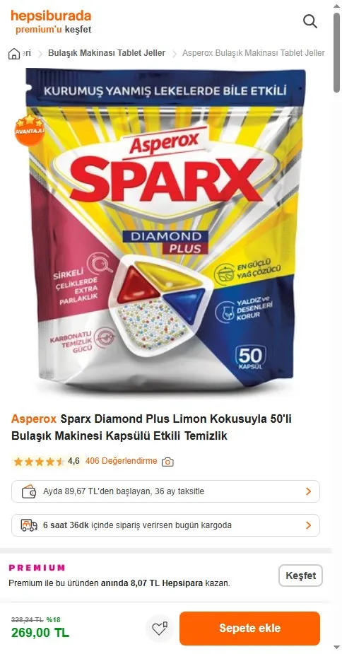 Asperox Sparx Diamond Plus Limon Kokusuyla 50'li Bulaşık Makinesi Kapsülü Etkili Temizlik
