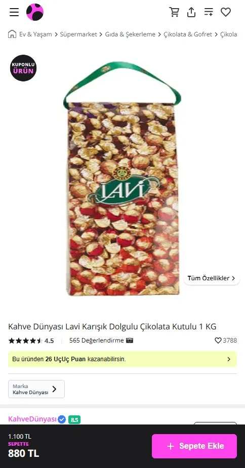Kahve Dünyası Lavi Karışık Dolgulu Çikolata Kutulu 1 KG