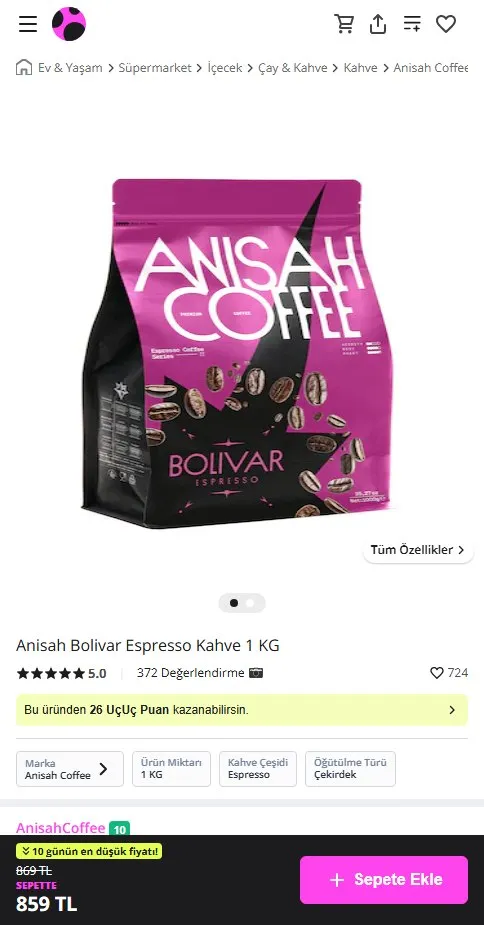 Anisah Bolivar Espresso Kahve 1 KG