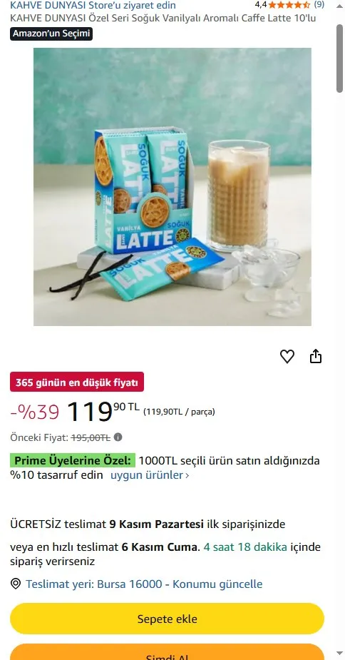 KAHVE DUNYASI Özel Seri Soğuk Vanilyalı Aromalı Caffe Latte 10'lu