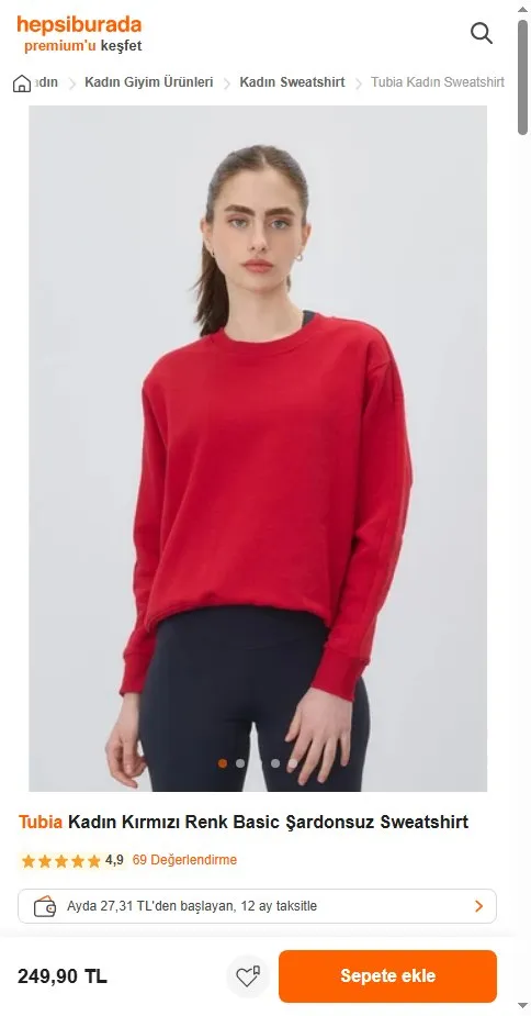 Tubia Kadın Kırmızı Renk Basic Şardonsuz Sweatshirt