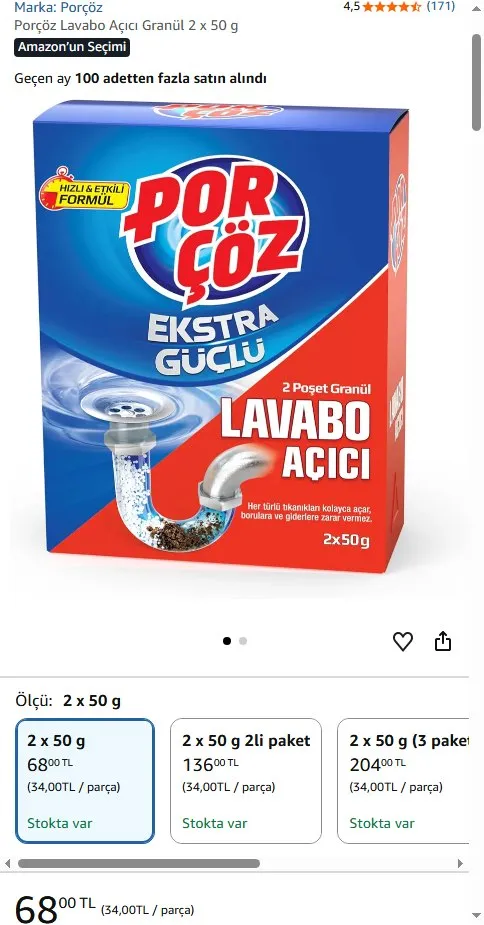 Porçöz Lavabo Açıcı Granül 2 x 50 g