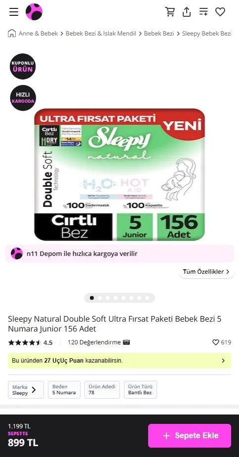 Sleepy Natural Double Soft Ultra Fırsat Paketi Bebek Bezi 5 Numara Junior 156 Adet