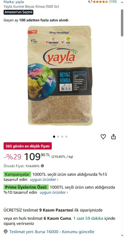 Yayla Gurme Beyaz Kinoa (500 Gr)