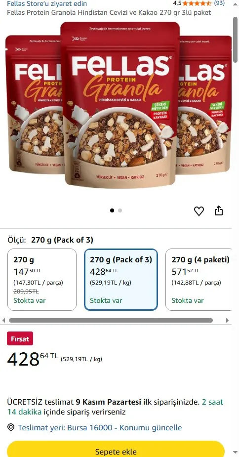 Fellas Protein Granola Hindistan Cevizi ve Kakao 270 gr 3lü paket