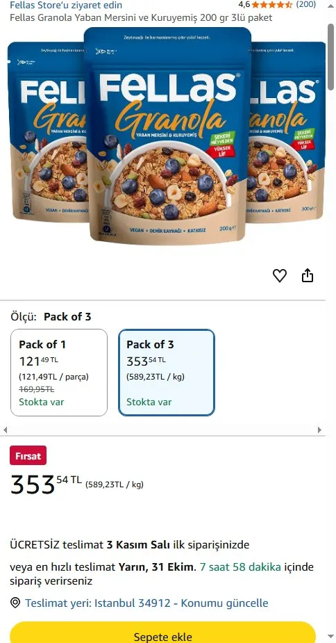 Fellas Granola Yaban Mersini ve Kuruyemiş 200 gr 3lü paket