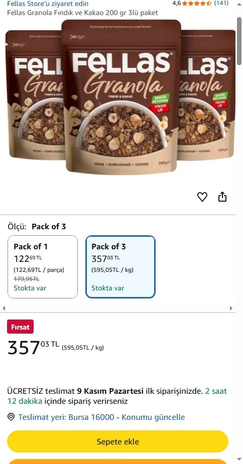 Fellas Granola Fındık ve Kakao 200 gr 3lü paket