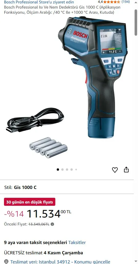 Bosch Professional Isı Ve Nem Dedektörü Gis 1000 C (Aplikasyon Fonksiyonu, Ölçüm Aralığı: /40 °C Ile +1000 °C Arası, Kutuda)