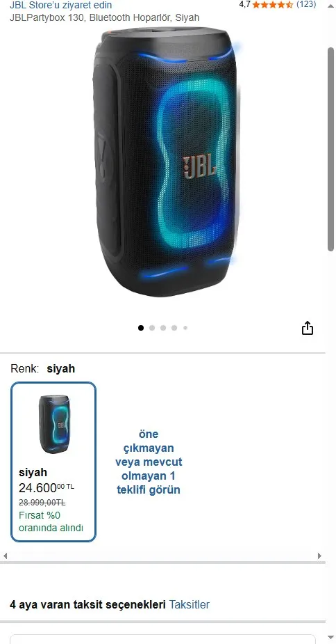 JBLPartybox 130, Bluetooth Hoparlör, Siyah