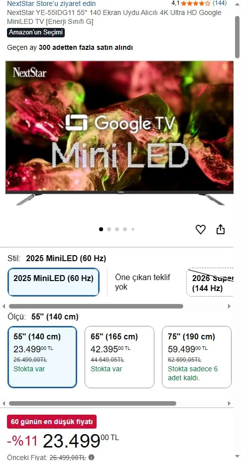 NextStar YE-55IDG11 55'' 140 Ekran Uydu Alıcılı 4K Ultra HD Google MiniLED TV [Enerji Sınıfı G]