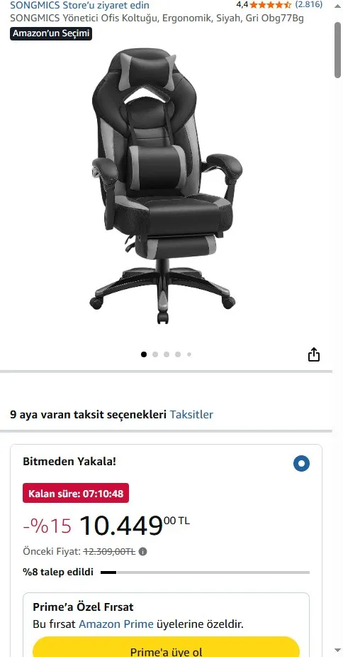 SONGMICS Yönetici Ofis Koltuğu, Ergonomik, Siyah, Gri Obg77Bg
