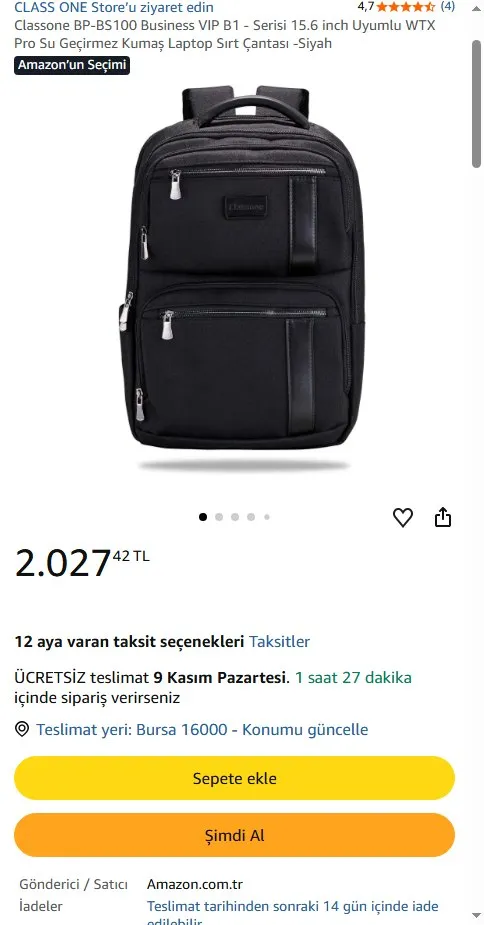 Classone BP-BS100 Business VIP B1 - Serisi 15.6 inch Uyumlu WTX Pro Su Geçirmez Kumaş Laptop Sırt Çantası -Siyah