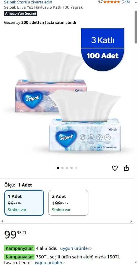 Selpak El ve Yüz Havlusu 3 Katlı 100 Yaprak