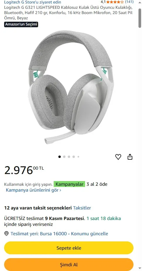 Logitech G G321 LIGHTSPEED Kablosuz Kulak Üstü Oyuncu Kulaklığı, Bluetooth, Hafif 210 gr, Konforlu, 16 kHz Boom Mikrofon, 20 Saat Pil Ömrü, Beyaz