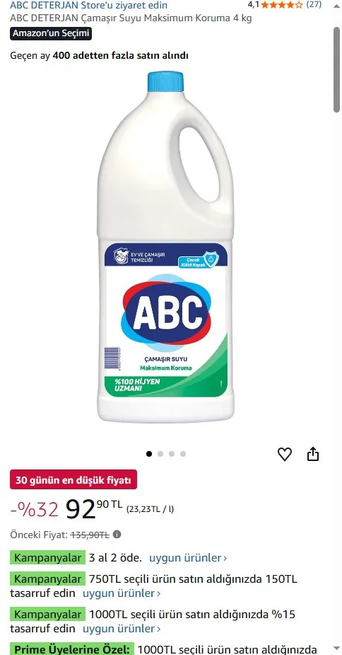 ABC DETERJAN Çamaşır Suyu Maksimum Koruma 4 kg