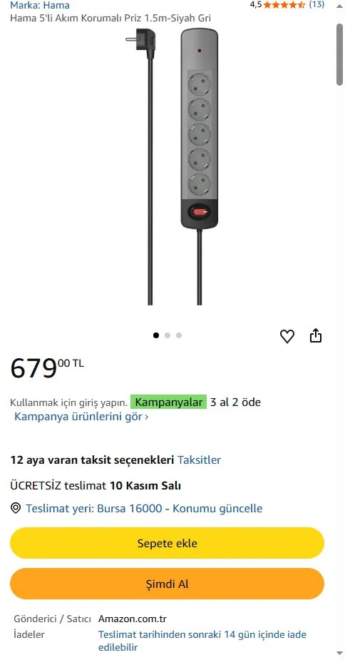 Hama 5'li Akım Korumalı Priz 1.5m-Siyah Gri