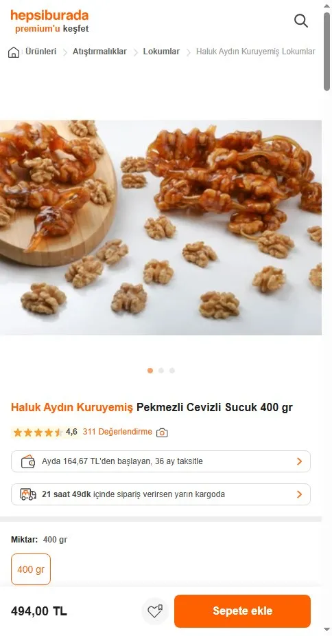 Haluk Aydın Kuruyemiş Pekmezli Cevizli Sucuk 400 gr