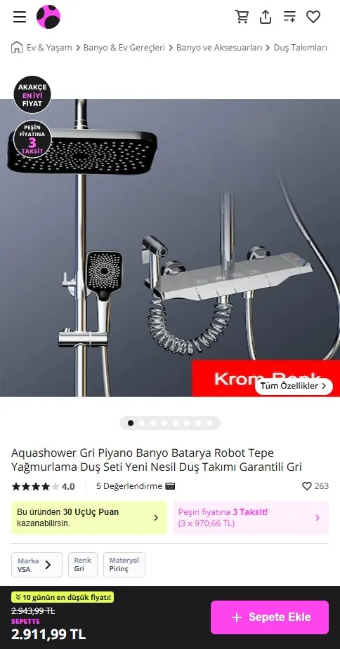Aquashower Gri Piyano Banyo Batarya Robot Tepe Yağmurlama Duş Seti Yeni Nesil Duş Takımı Garantili Gri