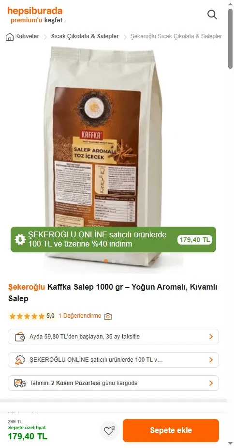 Şekeroğlu Kaffka Salep 1000 gr – Yoğun Aromalı, Kıvamlı Salep