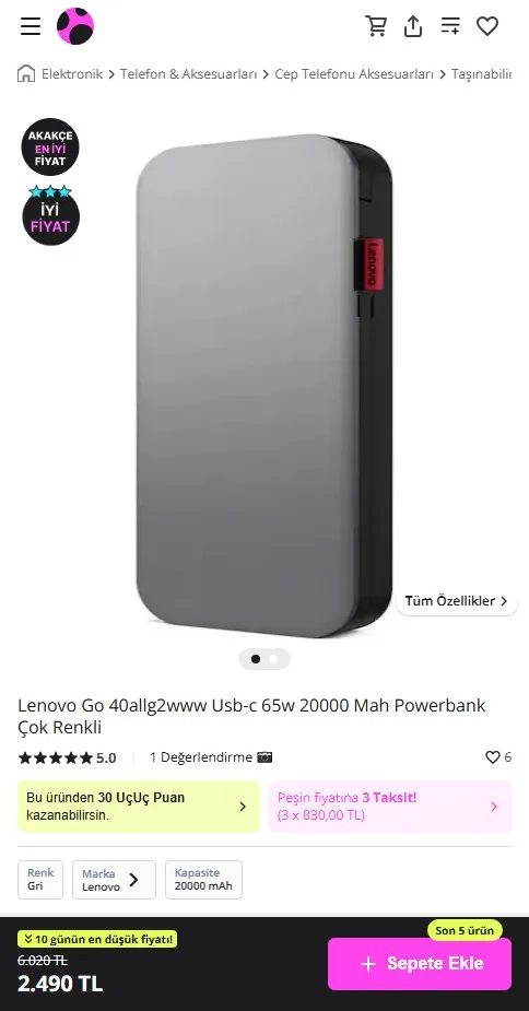 Lenovo Go 40allg2www Usb-c 65w 20000 Mah Powerbank Çok Renkli