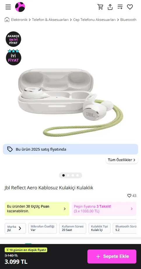 Jbl Reflect Aero Kablosuz Kulakiçi Kulaklık