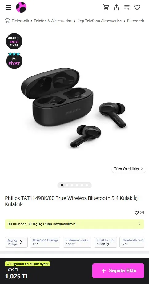 Philips TAT1149BK/00 True Wireless Bluetooth 5.4 Kulak İçi Kulaklık