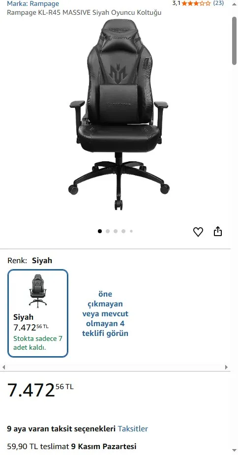 Rampage KL-R45 MASSIVE Siyah Oyuncu Koltuğu