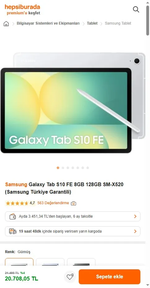 Samsung Galaxy Tab S10 FE 8GB 128GB SM-X520 (Samsung Türkiye Garantili)