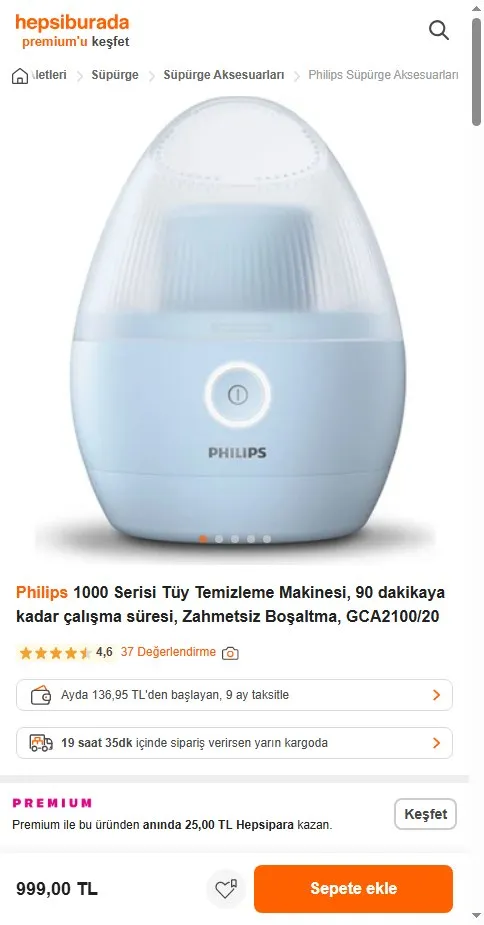 Philips 1000 Serisi Tüy Temizleme Makinesi, 90 dakikaya kadar çalışma süresi, Zahmetsiz Boşaltma, GCA2100/20