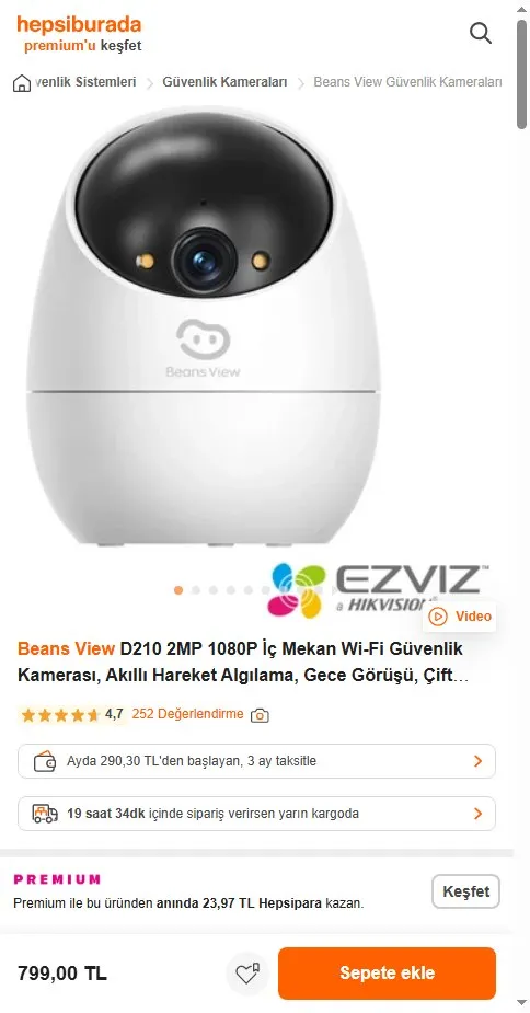 Beans View D210 2MP 1080P İç Mekan Wi-Fi Güvenlik Kamerası, Akıllı Hareket Algılama, Gece Görüşü, Çift Yönlü Ses (Ezviz Türkiye Garantili)