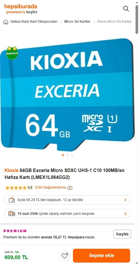 Kioxia 64GB Exceria Micro SDXC UHS-1 C10 100MB/sn Hafıza Kartı (LMEX1L064GG2)