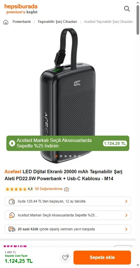 Acefast LED Dijital Ekranlı 20000 mAh Taşınabilir Şarj Aleti PD22.5W Powerbank + Usb-C Kablosu - M14