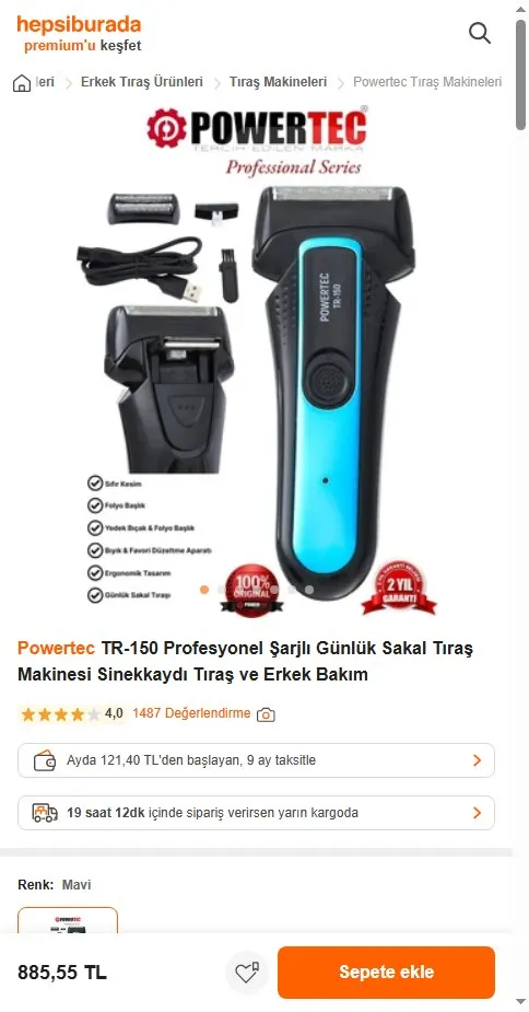 Powertec TR-150 Profesyonel Şarjlı Günlük Sakal Tıraş Makinesi Sinekkaydı Tıraş ve Erkek Bakım