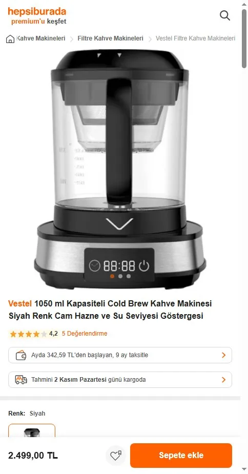 Vestel 1050 ml Kapasiteli Cold Brew Kahve Makinesi Siyah Renk Cam Hazne ve Su Seviyesi Göstergesi