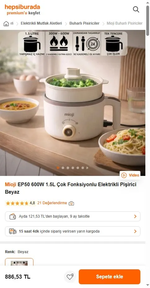 Mioji EP50 600W 1.5L Çok Fonksiyonlu Elektrikli Pişirici Beyaz