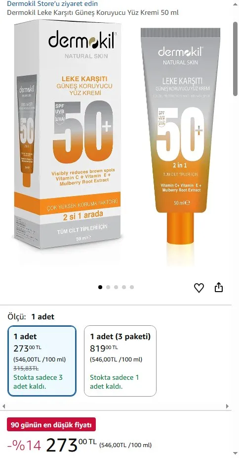 Dermokil Leke Karşıtı Güneş Koruyucu Yüz Kremi 50 ml