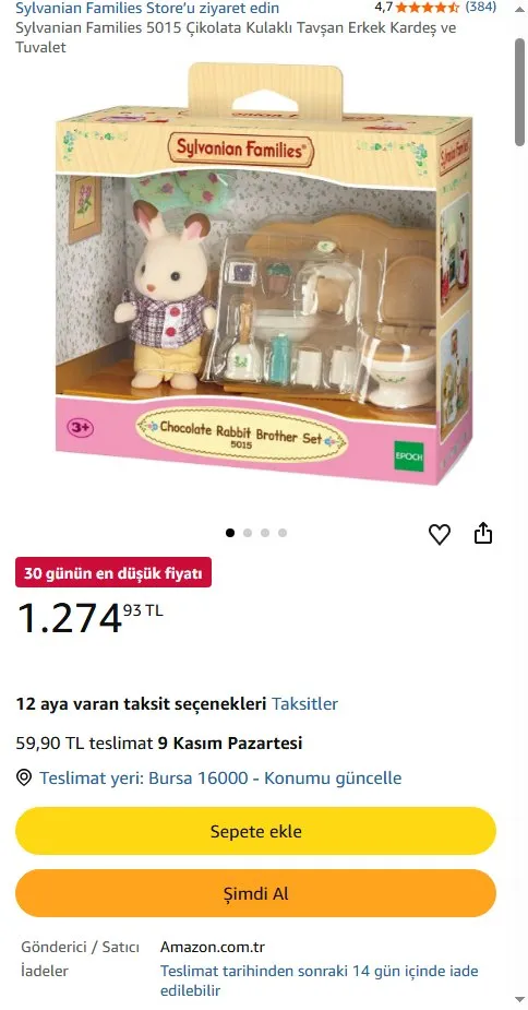 Sylvanian Families 5015 Çikolata Kulaklı Tavşan Erkek Kardeş ve Tuvalet